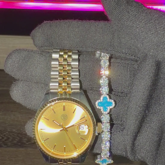 mixed metal watch and silver blue clover tennis bracelet 