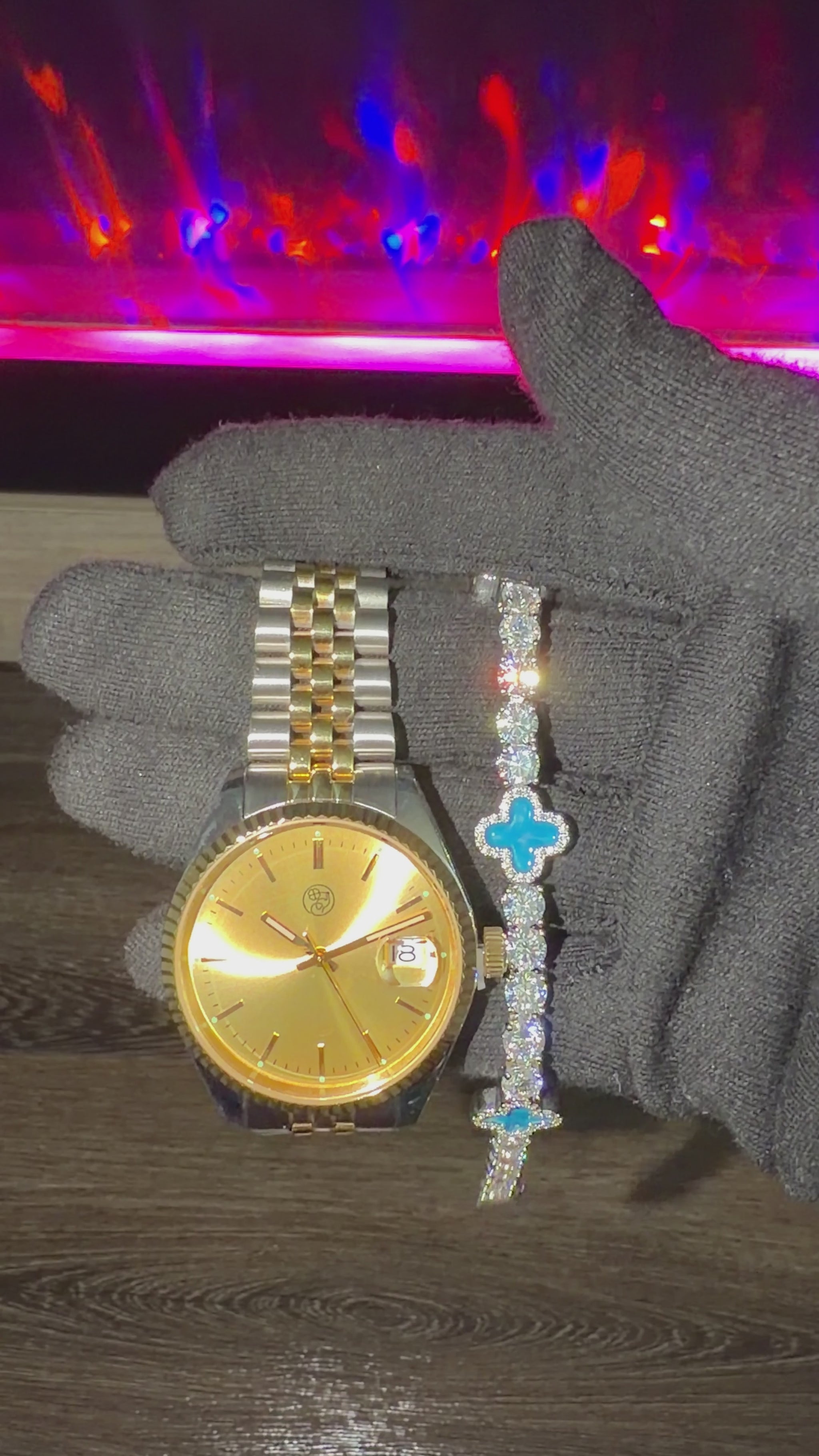 mixed metal watch and silver blue clover tennis bracelet 