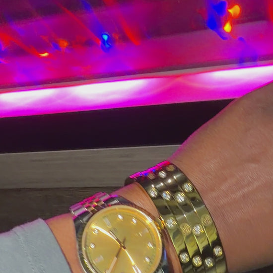 stack  gold bracelet diamond engraved bracelet with a RJ royalty gold dial watch 