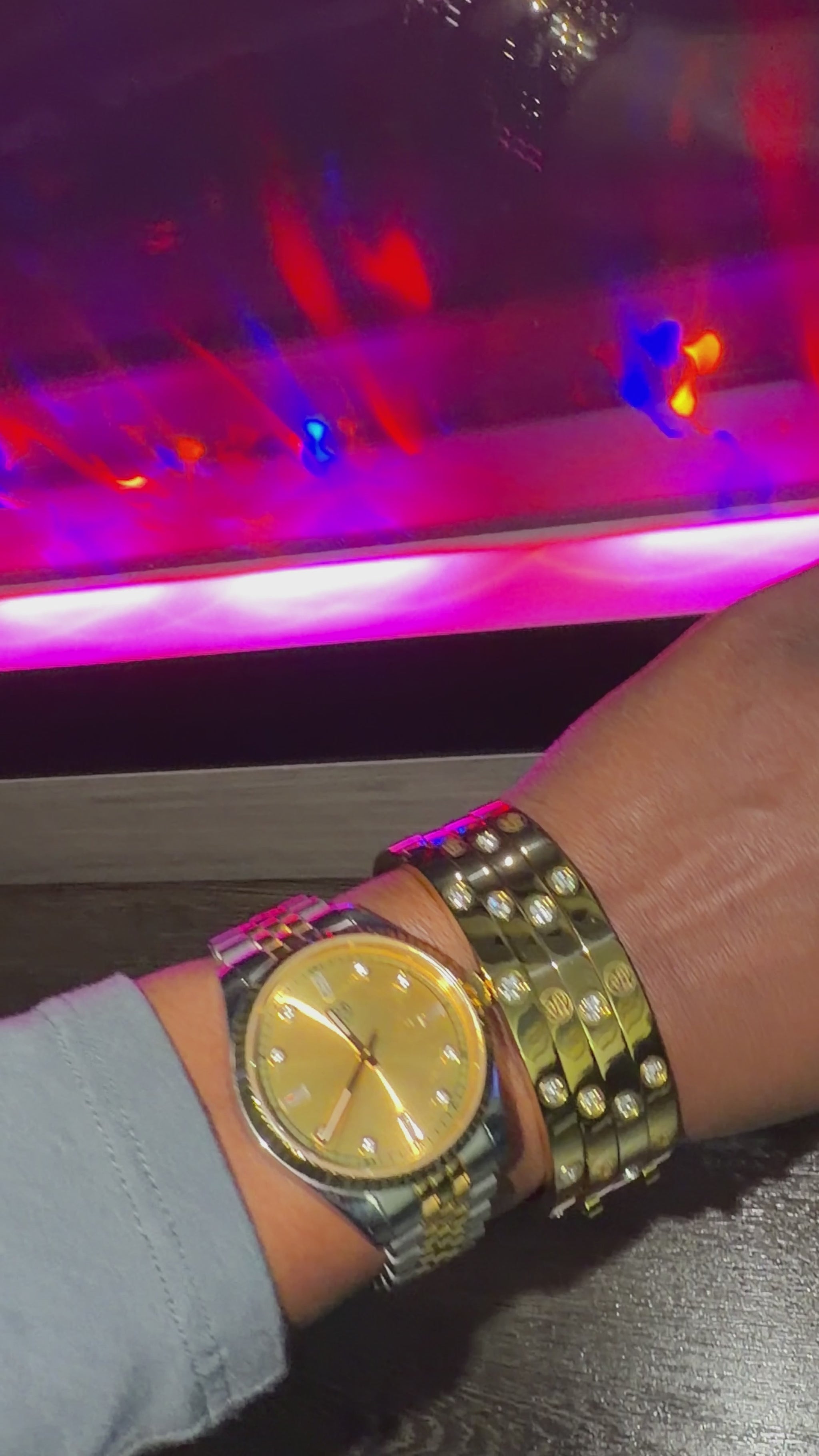 stack  gold bracelet diamond engraved bracelet with a RJ royalty gold dial watch 